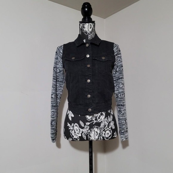 TinselTown Denim Couture Dark Wash Jean Jacket Button Up Knit Sweater Sleeve xs - Picture 3 of 11